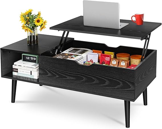 OLIXIS Wood Lift Top Coffee Table with Hidden Compartment and Large Storage Shelf
