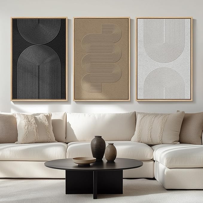 Large Framed Black and White Neutral Abstract Wall Art for Living Room