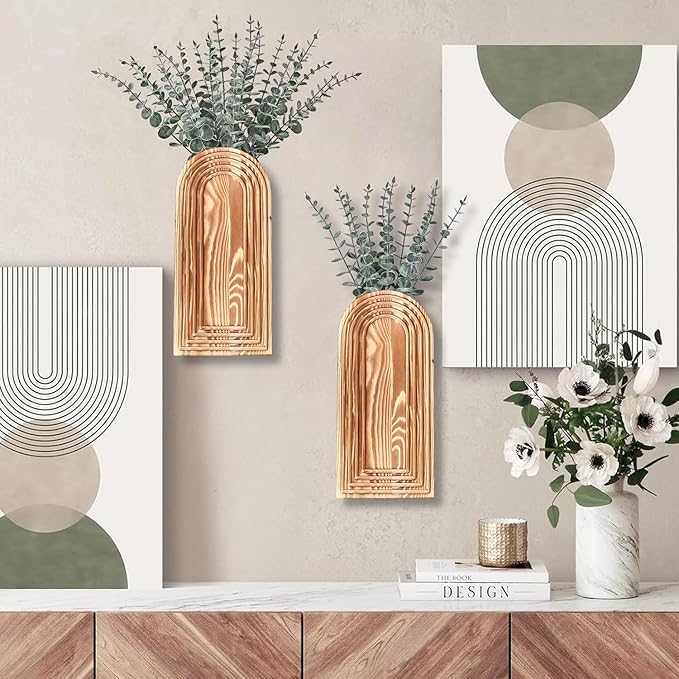 2 Pack Wooden Wall Vase Set - Brown Finish